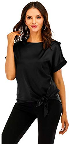 Women's Short Sleeve Boat Neck Tie Front Curve Hem Solid Colour Satin Blouse Shirt Top (Black, S)