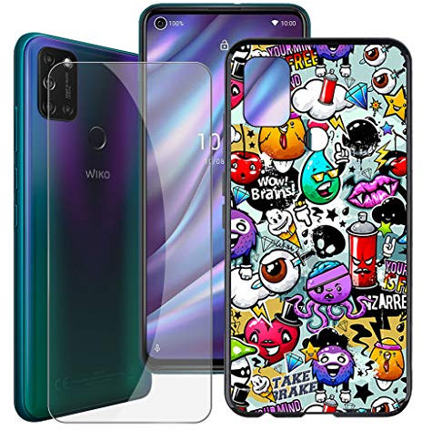 HHUAN Coque + Verre trempé Film pour Wiko View 5 Plus (6.55), Noir Cover Souple Silicone Antichoc TPU Housse Etui Bumper Case et HD écran Film Protecteur pour Wiko View 5 Plus - XS40