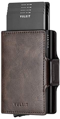 VULKIT Porte-Cartes de Crédit en Cuir Porte Carte Bancaire Anti Piratage RFID Étuis à Double Portefeuille Pop Up avec 2 Emplacements for Cartes & Billets, Expresso