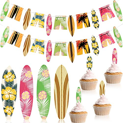 48 Pieces Surfboard Cupcake Toppers and 2 Pieces Surfboard Birthday Garlands Hawaii Banner Surfing Themed Cake Decoration for Summer Beach Luau Birthday Baby Shower Hawaii Themed Party Supplies