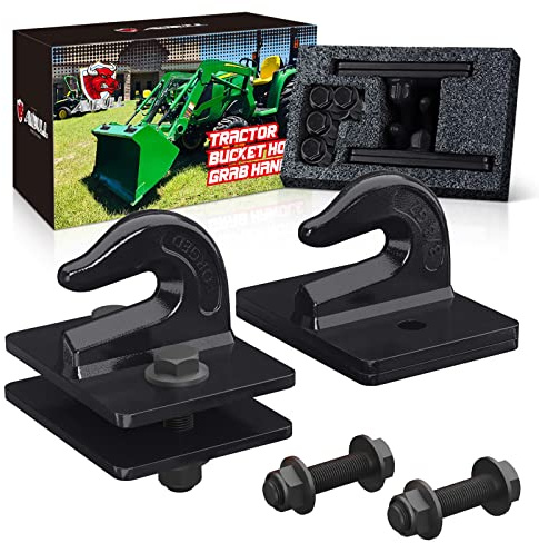 AMBULL Confezione da 2 ganci da 3/8 per secchio del trattore, grado 70, in acciaio forgiato, gancio di traino con piastra di sostegno, funzionano bene per secchio del trattore, camper, UTV, camion,
