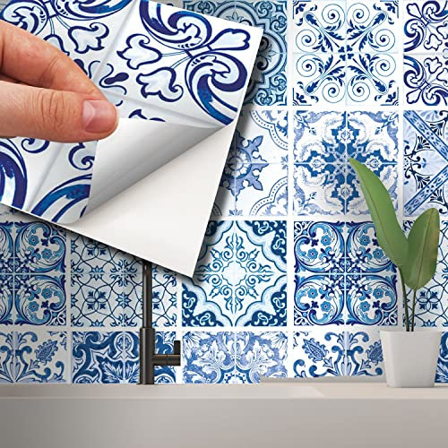 WALPLUS 24 Stück 15x15cm Blue Turkish Mediterranean Wandfliesen Aufkleber Küchenrückwand Selbstklebende Fliesen Küche Bad Dekoration Fliesenfolie Fliesenabziehbilder