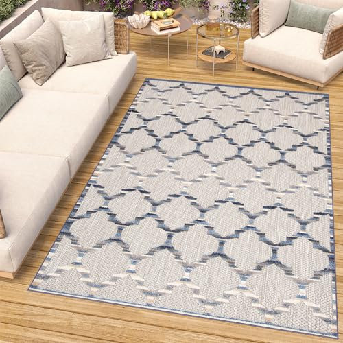 TAPISO Patio Teppich Indoor Outdoor Grau Beige Blau Marokkanisch Design Sisaloptik Wetterfest UV-beständig Terrasse Wohnzimmer ÖKO-TEX 80 x 150 cm