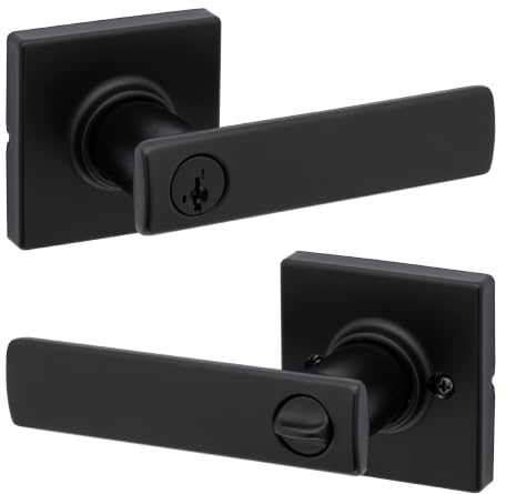 Kwikset Breton Entry Door Handle with Lock and Key, Secure Keyed Reversible Lever Exterior, For Front Entrance and Bedrooms, Matte Black , Pick Resistant Smartkey Rekey Security and Microban