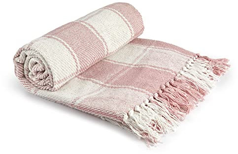 Emma Barclay Frisco – Couverture Traditionnelle en Coton recyclé à Carreaux pour Fauteuil, canapé, canapé – Rose pâle – 70 x 100 (178 x 254 cm)