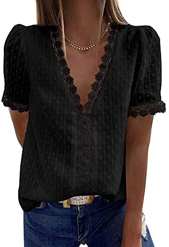 Bipily Blusa Magliette Donna Camicia a Manica Corta Sbuffo Eleganti Scollo a V Pizzo Bluse T Shirt Tops(Nero,M)