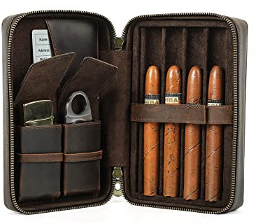Hiram Zigarren-Humidor aus Leder Zigarren-Reiseetui, tragbare 4-Zigarren-Box mit Zigarrenschneider und Feuerzeug-Aufbewahrungstasche Multifunktionale Humidor-Zubehörtasche mit Handschlaufe für Männer