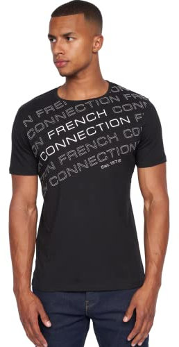 French Connection Mens Premium Half Sleeve Crew Neck T-Shirt with Letter Print Logo Design(XL,Weaver Black)