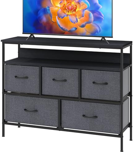 KU Syang 5-Drawer Chest of Drawers with TV Stand | Heavy-Duty Steel Frame & Scratch-Resistant MDF Top | Multi-Functional Storage Unit with Fabric Drawers for Bedroom & Living Room Hallway Black