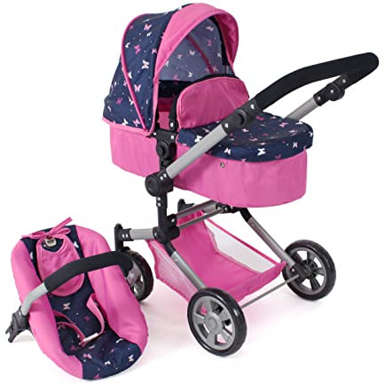 Bayer Chic 2000® 3in1 Kombi Puppenwagen Linus - Butterfly Navy-Pink- faltbar, höhenverstellbarer Griff 47-78 cm, mit Autositz – Puppen bis 52 cm, 4-8 J.