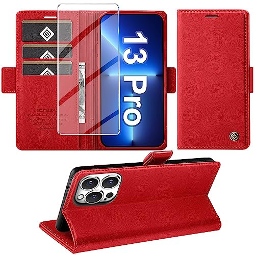 Giyer Handyhülle für iPhone 13 Pro Hülle mit Displayschutzfolie, Leder Wallet Kartenfach Ständer Tasche Schutzhülle für iPhone 13 Pro 5G Flip Case Kameraschutz Bumper Vollschutz Klapphülle (Rot)