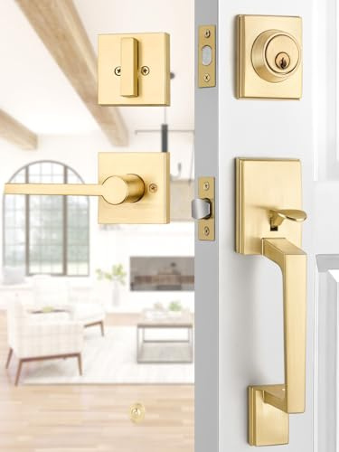 EHOMEWARE Ensemble poignée de porte d'entrée dorée, levier de porte carré robuste en laiton et pêne dormant monocylindre réversible pour portes d'entrée extérieures