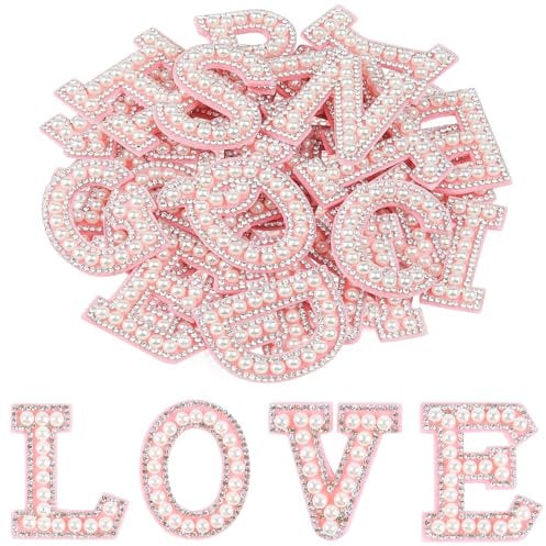 Morcheiong 26Pcs Pearl Rhinestone Letter Patches Self Adhesive A-Z, Stick on Pearl Letter Patches for Clothes, Fabric, Backpack (Pink)