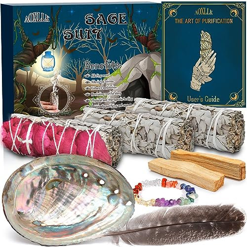 MUOIVG 3 Weißer Salbei Premium, Weisser Salbei räuchern,100% natürlich und reinigend,Palo Santo, Abalone-Muschel, Räucherbündel, ideal für spirituelle und energetische Rituale
