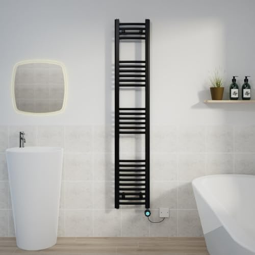 Warmehaus Electric Towel Rail Curved Black Thermostatic Timer 1600x300mm | 4 Timer Settings, LCD Display, Child Lock, T Piece, Prefilled, Ladder Style, Towel Warmer Radiator for Bathrooms