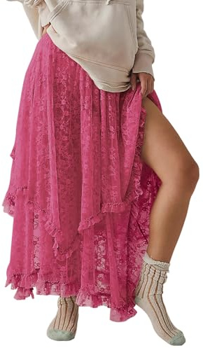 R.Vivimos Damen Sommer Boho Spitze Strand Cover Up Maxi Rock Transparent Swing Rüsche Unregelmäßiger Saum Lange Röcke