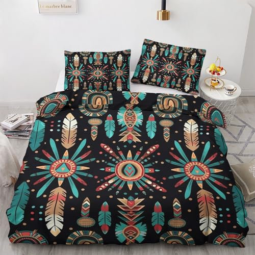 Federn Tribal Bettwäsche 135x200 - Bettbezug 135x200 Ethno Boho, Bettwäsche-Sets 2 teilig, Weich & Atmungsaktiv Mikrofaser Wendebettwäsche und 1 Kissenbezug 80x80 mit Reißverschluss Z-&7-32