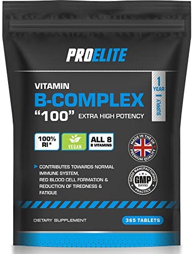 Vitamin B Complex - 365 High Strength Tablets (1 Year Supply) - All 8 B Vitamins B1 - B2 - B3 - B5 - B6 - B12, Biotin, Folic Acid - Reduction of Tiredness & Fatigue PROELITE