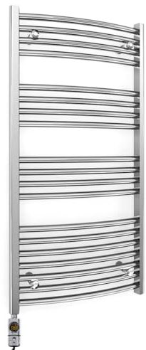 600mm Wide Curved Chrome Electric Bathroom Towel Rail Radiator Heater With AF Thermostatic Electric Element UK Pre-Filled (600 x 1000 mm)