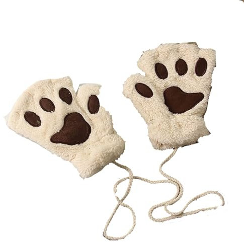 Chukamalilayi Damen Kawaii Handschuhe Plüsch Kunstpelz Cosplay Katzenpfote Fingerlose Handschuhe Mädchen Stoff Halbfinger Handschuhe, beige, One size