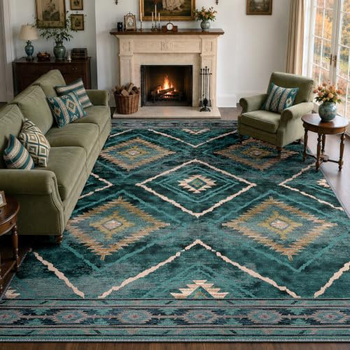 DEFYNEE Maschinenwaschbarer großer Teppich für Wohnzimmer, 240 x 300 cm, rutschfest, Kurzflor Grün für Schlafzimmer, Flur, Schlafzimmer und Küche, Büro, Blaugrün/Grün