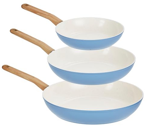 GoodCook Healthy Ceramic - Juego de 3 sartenes de cerámica con infusión de titanio, azul claro, utensilios de cocina de inducción, sartén antiadherente, sartén para huevos, carnes, verduras, salsas,