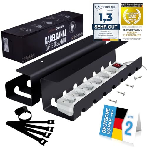 Kabelkanal für Schreibtisch Ordnung; Kabelmanagement-System am Arbeitsplatz; Kabelhalter, Kabelwanne, Kabelkorb; 2er Set Steckdosenleisten-Halter für Tische (Schwarz, 2 Stück)