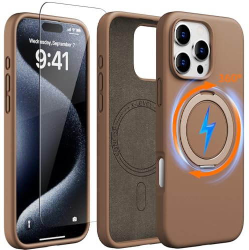 X-level for iPhone 16 Pro Max Case Silicone, Compatible with MagSafe, 360° Rotating Magnetic Ring Stand and 1 Screen Protector, Slim Invisible Holder Shockproof Phone Case for 16 Pro Max, Desert