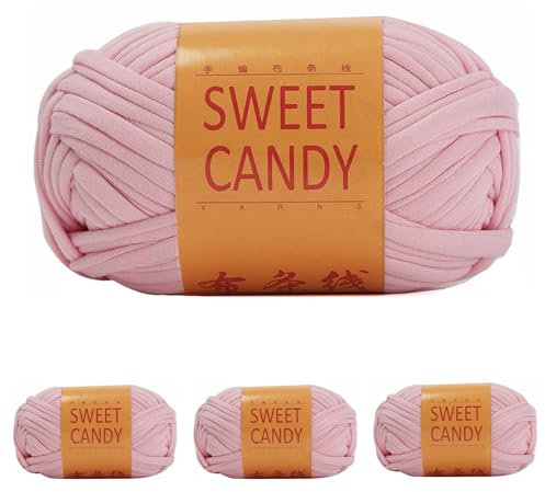 Yixinly 400g T-Shirt-Garn, Tshirt Garn zum Häkeln Schlauchgarn zum Häkeln, Ribbon Häkelgarn für Tasche, Korb, Decke, Heimdekoration 4x100g (Rosa)