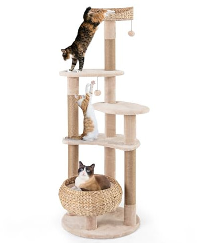 COSTWAY Cat Tree, 164cm Cats Climbing Tower with Jute Scratching Posts, Basket Bed, Dangling Balls, Hand-Woven Cattail Kitty Activity Center for Indoor Cats