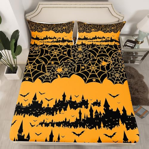 Juego de ropa de cama doble para decoración de Halloween, sábana bajera ajustable de murciélagos telaraña naranja quemado para niños y niñas, sábanas góticas de castillo de Halloween, sábanas