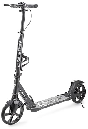 Scale Sports - Klappbarer Tretroller für Erwachsene bis 100 kg, Jugendliche und Kinder ab 7 Jahren, mit Flügel- und Scheibenhandbremsen, leichter Tretroller mit Tragegurt (schwarz)