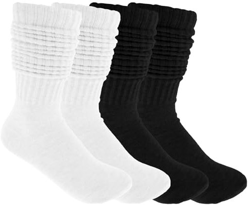 Molain 2 Paar Damen Slouch Socken, Herbst Winter Gestapelt Socken Weiche Stricken Scrunch Socken Extra lange Knit Baumwolle Slouch Socke Stulpensocken Damen (schwarz+weiß)