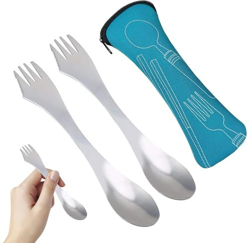 3 in 1 Stainless Steel Camping Spork, 2 Pack Outdoor Cutlery, Knife Spoon Fork with Portable Pouch, Multifunctional Lightweight Knife Fork, All in One Fork for Outdoors, Camping, Hiking Travel