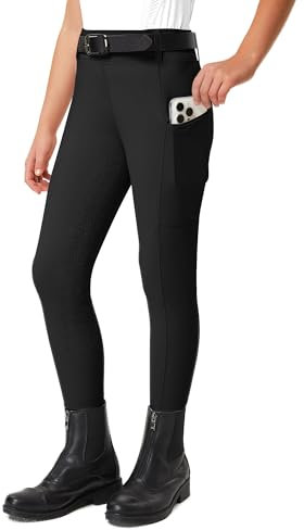 FitsT4 Sports Reithose Kinder Mädchen Reitleggings Reiterhosen Silikon Vollbesatz Reiten Hosen Sommer mit 2 Seitlichen Taschen und Gürtelschlaufen,Schwarz,M