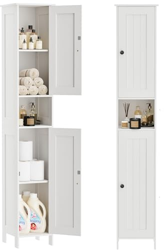Homleke Tall Bathroom Storage Cabinet with 2 Doors, 67H Narrow Storage Cabinet with Adjustable Shelves& Anti-Tip Design, Reversible Door Installation, Easy Assembly, 11.8 x 11.8 x 66.9 Inches, White