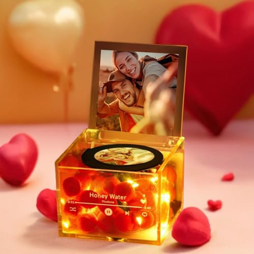 Soview Personalisierte Spieluhr für Liebhaber, Personalisierter Mini-Musik-Plattenspieler mit Foto und Licht, Personalisierte Geschenke für Valentinstag, Geburtstag, Frauen, Männer, Paar, Freund