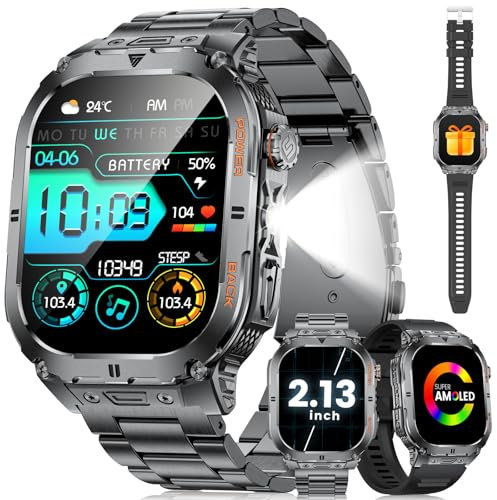 ESFOE Smartwatch Uomo,2.13 AMOLED Orologio Smartwatch Uomo con Torcia/450mAh/5ATM Impermeabile Smart Watch Militare Fitness con 113 Modalità Sport/Cardiofrequenzimetro/Chiamate Whatsapp Android iOS
