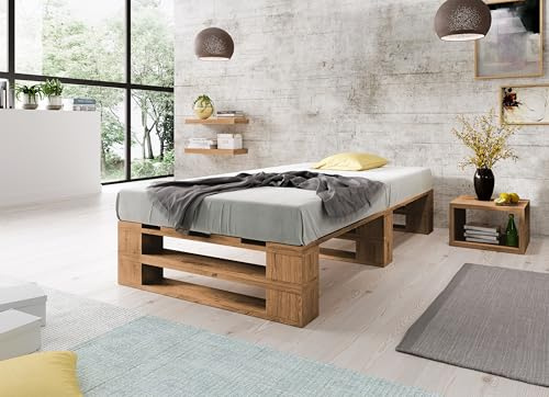 Lermowood Palettenbett M2 aus Holz 100 x 200 cm Eiche mit Lattenrost Holzbett 30cm Stabiles Seniorenbett Kinderbett Jugendbett Gästebett erhöhtes Einzelbett Bettgestell Futonbett Komforthöhe