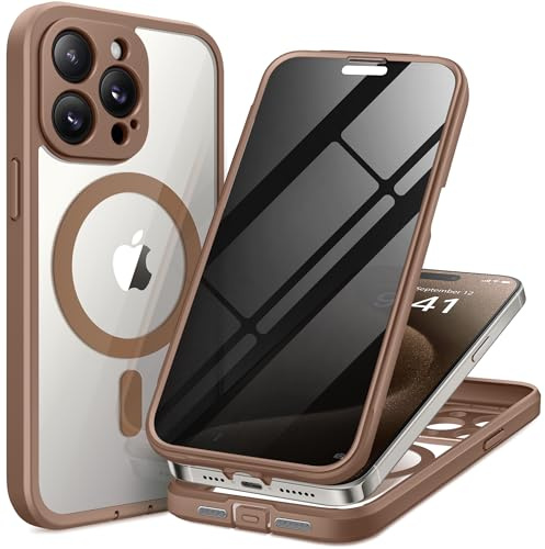 TIESZEN for iPhone 15 Pro Case, Compatible with MagSafe, Brown | Built-in Privacy Screen Protector, Full Camera Protection，Full Body Dustproof Shockproof Hard Magnetic Phone Case 6.1