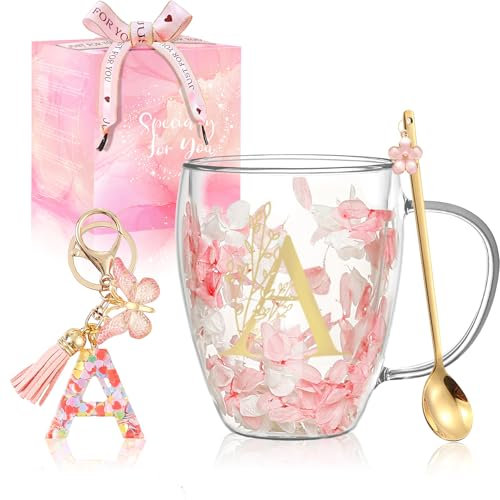 Gifts for Women Glass Coffee Mugs Unique Birthday Gift for Women Her Ladies Espresso Tea Cups Personalised Friendship Wedding Gifts Cute Double Walled Glass Mugs Christmas Pink Stuff Bridesmaid Gift