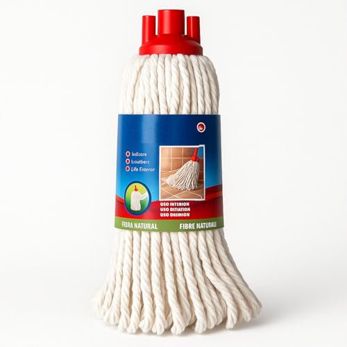 TECHZOCO Fregona Fibra Natural, Recambio para fregona, Algodón Reciclado, Cabezal Universal, Grosor 165 Gr, Gran Capacidad de absorción, Apto para Todo Tipo de Suelos de Exterior, Color Blanco