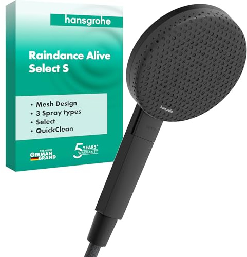 hansgrohe Raindance Alive Select S - Duschkopf, Handbrause mit 3 Strahlarten (inkl. PowderRain), runde Duschbrause (125 mm), Brausekopf mit Antikalk-Funktion, Mattschwarz, 24500670