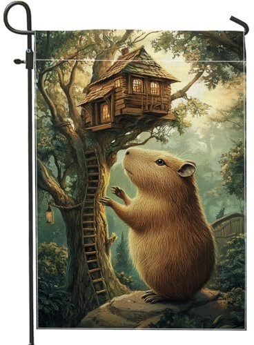 Fantastische Sommer-Gartenflagge, bezauberndes braunes Capybara-Baumhaus, Outdoor-Dekoration, doppelseitiges Jute-Hofbanner für saisonale Rasendekoration, 30,5 x 45,7 cm