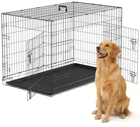The Fellie XL Metal Dog Cage Large with 2 Doors, 48 Foldable Training Cage for Puppy, Easy Clean Dog Crates with Removable Plastic Tray, Portable Travel Crate for Puppy