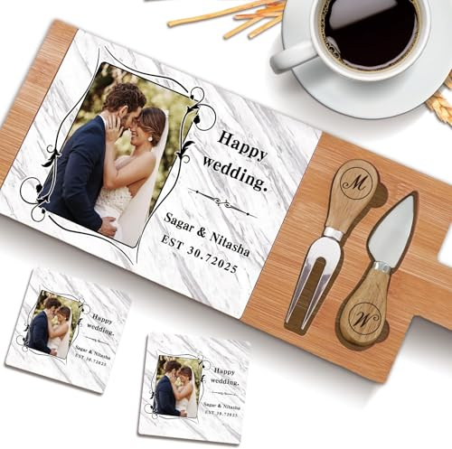 Tabla de cortar de bambú personalizada con inserto de azulejos de cerámica, tabla de queso y foto personalizada y texto y posavasos de cerámica con juego de cuchillos, para bodas, regalos de