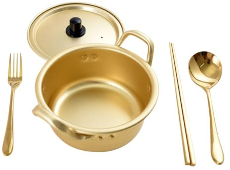 BIUDECO Multi-Function Aluminum Ramen Cooker Pot with Gold Chopsticks Fork Spoon Thermal Conductivity Noodle Pot for Home Office Dormitory Camping