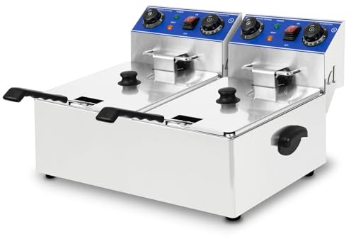 VERTES Freidora Eléctrica Profesional 2x 10L, 2x3000W, 230V, Principio de Zona Fría, Temperatura 50-250°C, 2 Cestas de Freír, Función Reset, Acero Inoxidable, Funcionamiento con Aceite