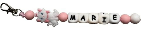 Porte-clé ou attache tutute, nipple, pacifier, Personnalisable avec Prénom, Accessoire Chat Blanc et Rose, Perles Décoratives