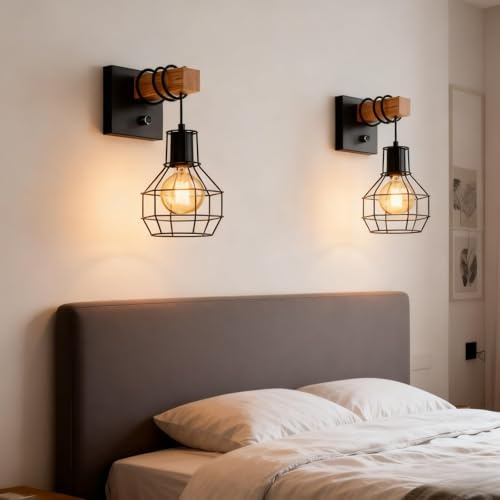 COOINJOY 2er-Packung Wandleuchte, Vintage-Wandleuchte im Industriedesign, Retro-Lampe aus Stahl und Holz, Farbe Schwarz, Braun, E27-Fassung.(keine Glühbirne)